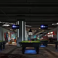 Spacious Modern Billiard Room With Multiple Green Felt Tables Hanging Pendant Lights And Decorative Art