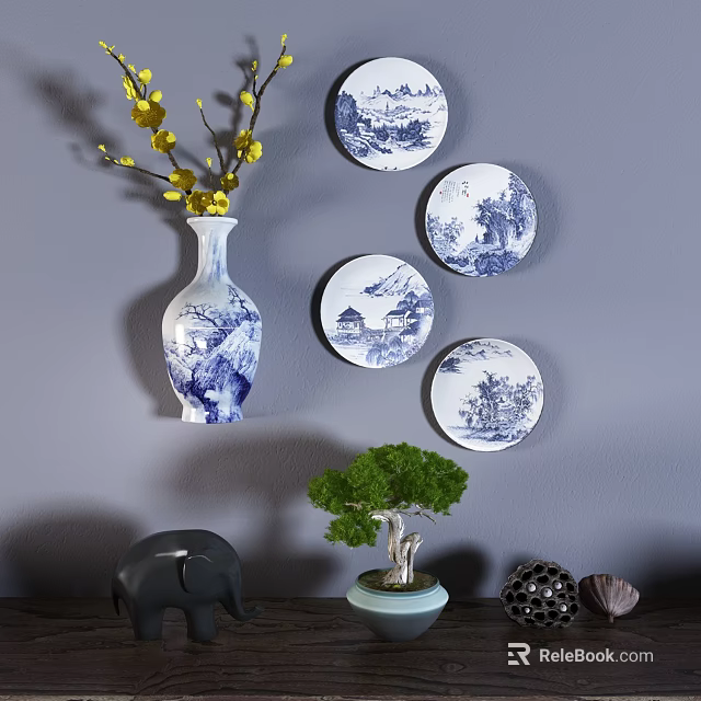 Traditional Chinese Blue and White Porcelain Plate Wall Decor with Landscape Patterns and Vase Accents 3d model 