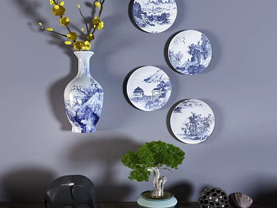 Traditional Chinese Blue and White Porcelain Plate Wall Decor with Landscape Patterns and Vase Accents 3d model
