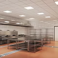 Functional Commercial Kitchen Interior With Stainless Steel Worktables Tiled Walls And Ceiling Lights