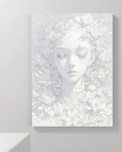 Abstract Painting Featuring Closed Eyes Female Face with Flowers Leaves Soft White Tone Delicate Lines 3d model