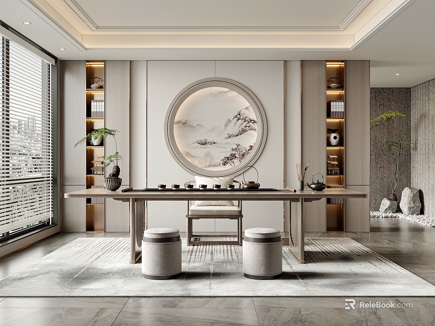 Modern Chinese Style Tea Room Interior With Circular Painting Long Table And Green Plants 3d model 