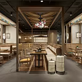 Traditional Restaurant Interior With Wooden Tables Circular Ceiling Lanterns And Wall Art