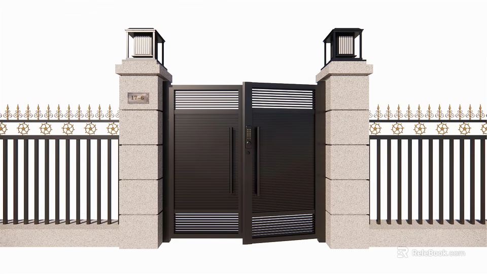Modern Entrance Gate With Stone Pillars Lamp Posts And Black Metal Design 3d model 