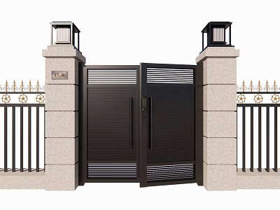 Modern Entrance Gate With Stone Pillars Lamp Posts And Black Metal Design 3d model