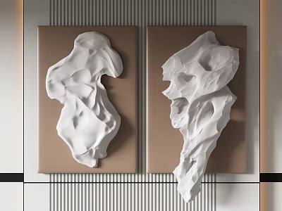 Modern Abstract White Sculptural Wall Decor With Brown Backdrop And Textured Surfaces 3d model