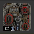 Cartoon Industrial Scene With Buildings Red Roofs Red Star Symbols Blue Crates And Loading Area