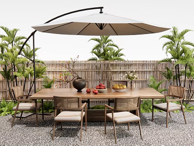 Outdoor Table With Chairs And Umbrella Surrounded By Bamboo Fence And Green Plants 3d model
