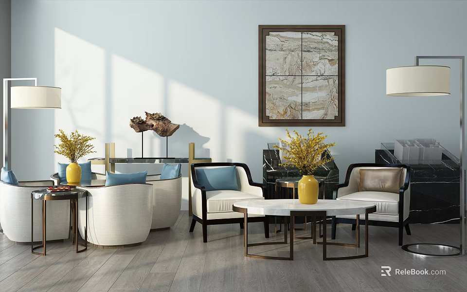 Elegant Modern Kitchen Table And Chair Set With Marble Top And Metal Frame 3d model 