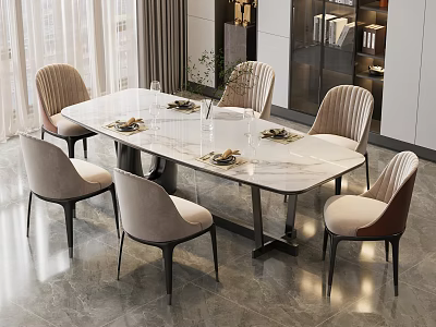 Modern Elegant Dining Table Set With Marble Top And Six Upholstered Chairs 3d model