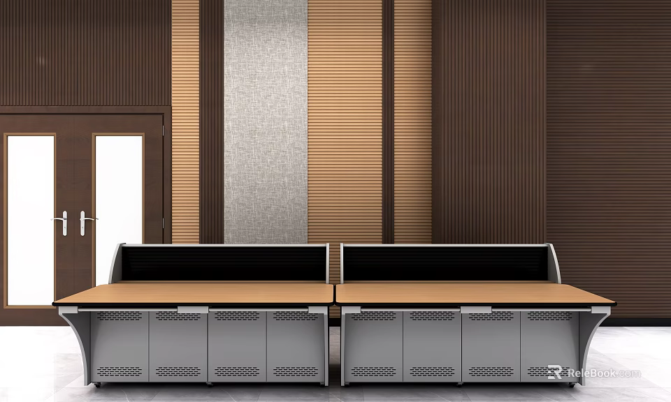 Modern Double Workstation Office Desk With Wooden Top And Gray Cabinets 3d model 