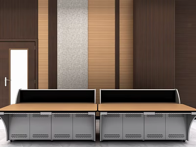 Modern Double Workstation Office Desk With Wooden Top And Gray Cabinets 3d model