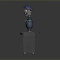 Cartoon Robot In Blue Cap Outfit With Extended Arms And White Tools On Black Oven