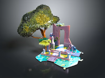 3D Miniature Island Scene With Green Tree Archway Water Pool And Colorful Structures 3d model
