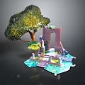 3D Miniature Island Scene With Green Tree Archway Water Pool And Colorful Structures