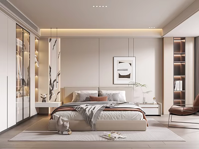 Modern Bedroom Interior Design With Light Tones Built-in Wardrobe Comfortable Bed Artwork And Chair Rug 3d model