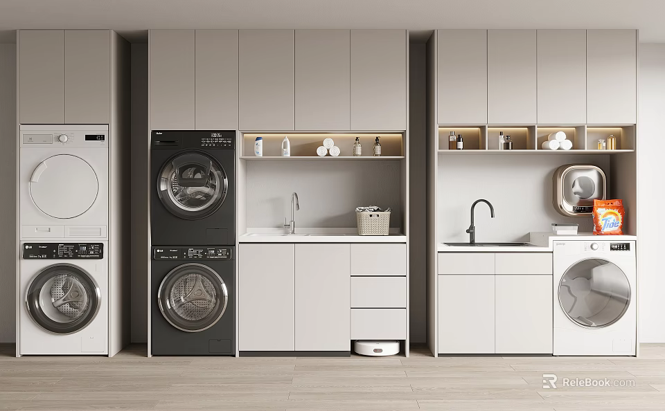 Modern Bathroom Vanity Unit With Washing Machines Dryers White And Gray Cabinets And Sinks 3d model 