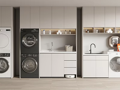 Modern Bathroom Vanity Unit With Washing Machines Dryers White And Gray Cabinets And Sinks 3d model