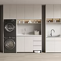 Modern Bathroom Vanity Unit With Washing Machines Dryers White And Gray Cabinets And Sinks