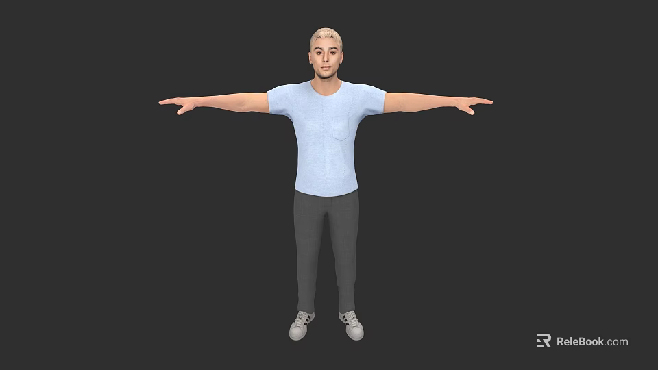 Man with Arms Outstretched Wearing Light Blue T Shirt Gray Pants and White Shoes 3d model 