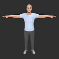 Man with Arms Outstretched Wearing Light Blue T Shirt Gray Pants and White Shoes