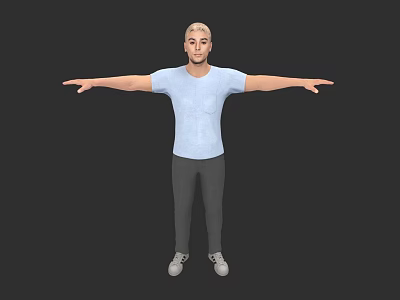 Man with Arms Outstretched Wearing Light Blue T Shirt Gray Pants and White Shoes 3d model