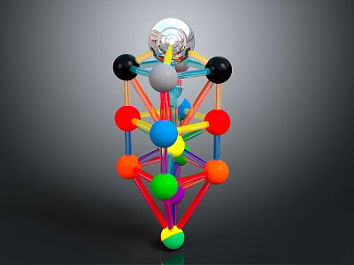 Abstract Geometric Structure With Colored Spheres Connecting Rods And Silver Top Sphere 3d model