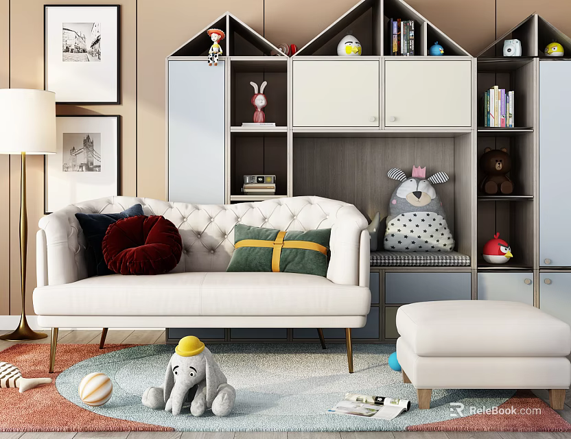 Cozy White Sofa Set With Colorful Cushions Ottoman And Stuffed Toys In Kids Room 3d model 