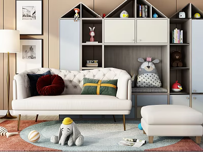 Cozy White Sofa Set With Colorful Cushions Ottoman And Stuffed Toys In Kids Room 3d model