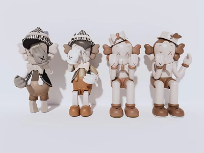 Four Stuffed Dolls With Different Poses Wearing Hats Shorts And Casual Outfits In White Brown 3d model
