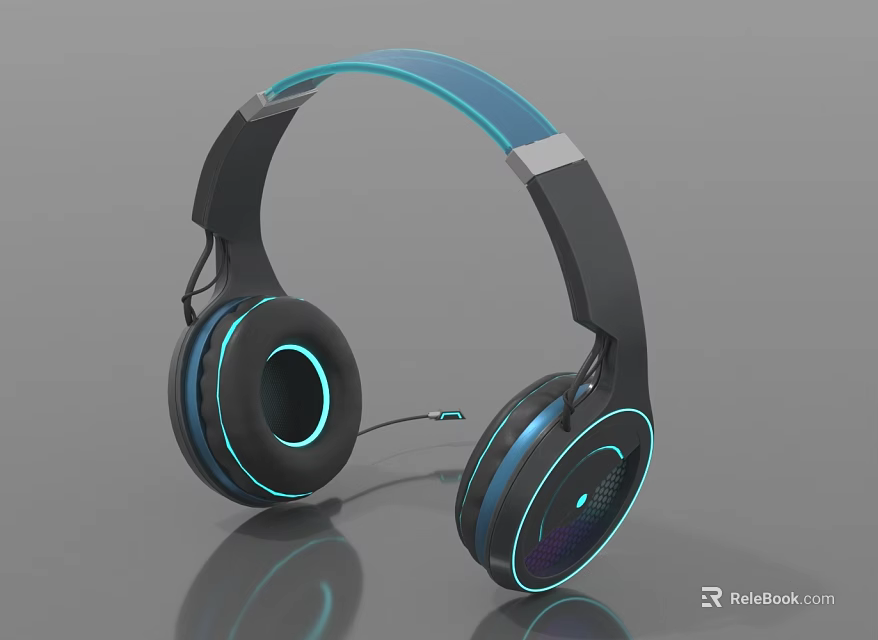 Modern Electronic Over ear Headphones With Blue Illuminated Rings And Sleek Design 3d model 