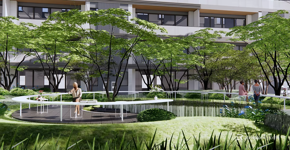 Residential Landscape With Green Trees Water Feature White Railings And Lush Lawn Near Building 3d model 