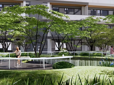 Residential Landscape With Green Trees Water Feature White Railings And Lush Lawn Near Building 3d model