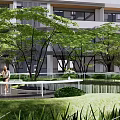 Residential Landscape With Green Trees Water Feature White Railings And Lush Lawn Near Building