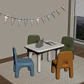 Colorful Children's Table with Four Chairs Bunting Flags and Window View on Rug