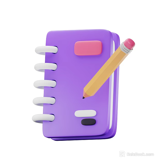 Purple Spiral Bound Notebook With Pink Pencil And Sticky Tab On White Background 3d model 