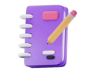 Purple Spiral Bound Notebook With Pink Pencil And Sticky Tab On White Background 3d model