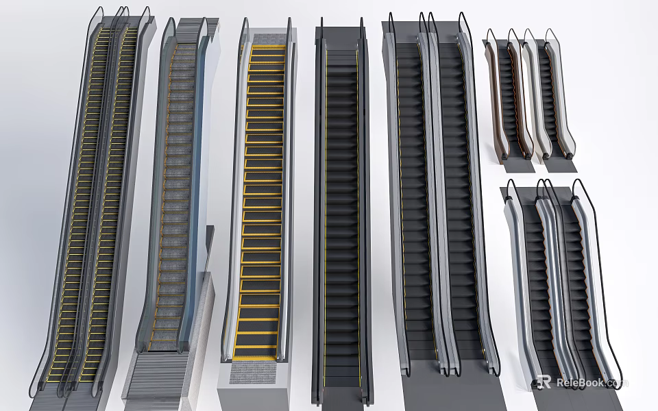 Different Types of Modern Elevators and Escalators With Metal Frames and Striped Steps 3d model 