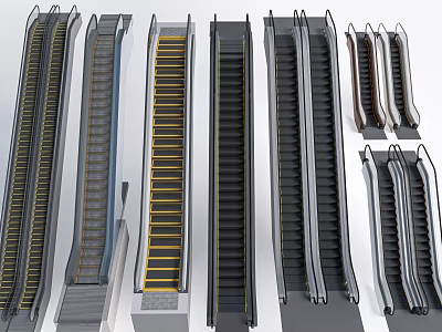 Different Types of Modern Elevators and Escalators With Metal Frames and Striped Steps 3d model