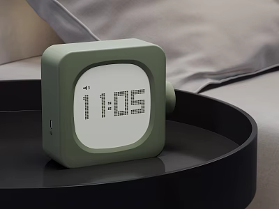 Green Square Digital Alarm Clock Displaying 1105 Time On Black Circular Tray 3d model