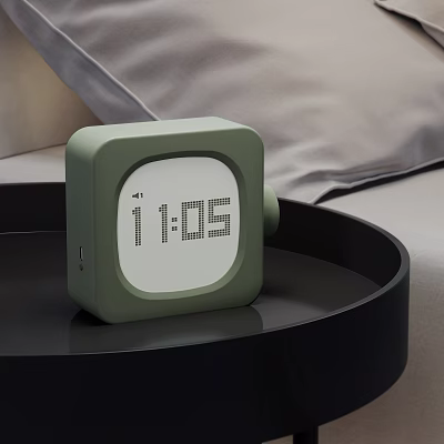 Green Square Digital Alarm Clock Displaying 1105 Time On Black Circular Tray 3d model