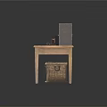 Vintage Items On Wooden Table With Clay Pots Old Radio And Wicker Basket