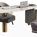 Modern Marble Office Desk With Gold Accent Lamp Laptop And Gray Chair