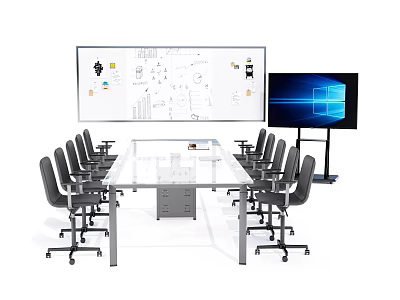 Glass Conference Table with Rolling Chairs Whiteboard Charts and Large Monitor in Meeting Room 3d model