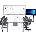 Glass Conference Table with Rolling Chairs Whiteboard Charts and Large Monitor in Meeting Room
