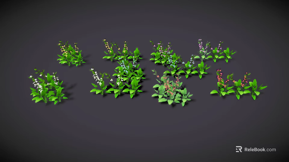 Colorful Butterflies Resting On Green Plants With White Purple Red Flowers Against Black Background 3d model 