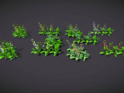 Colorful Butterflies Resting On Green Plants With White Purple Red Flowers Against Black Background 3d model