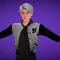 Man In Gray Black Jacket Black T Shirt Dark Pants White Shoes Against Purple Background