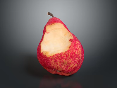 Adorable Rabbit Eating Red Spotted Bitten Pear On Dark Background Surface 3d model