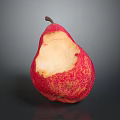 Adorable Rabbit Eating Red Spotted Bitten Pear On Dark Background Surface